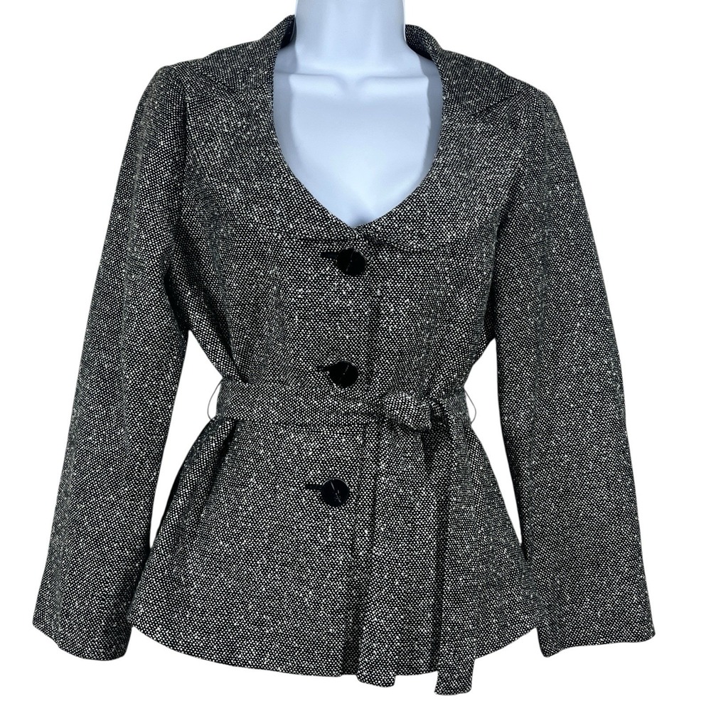 Sandro Tweed Belted Blazer Womens S Marled Black Button Front Peplum Round Lapel